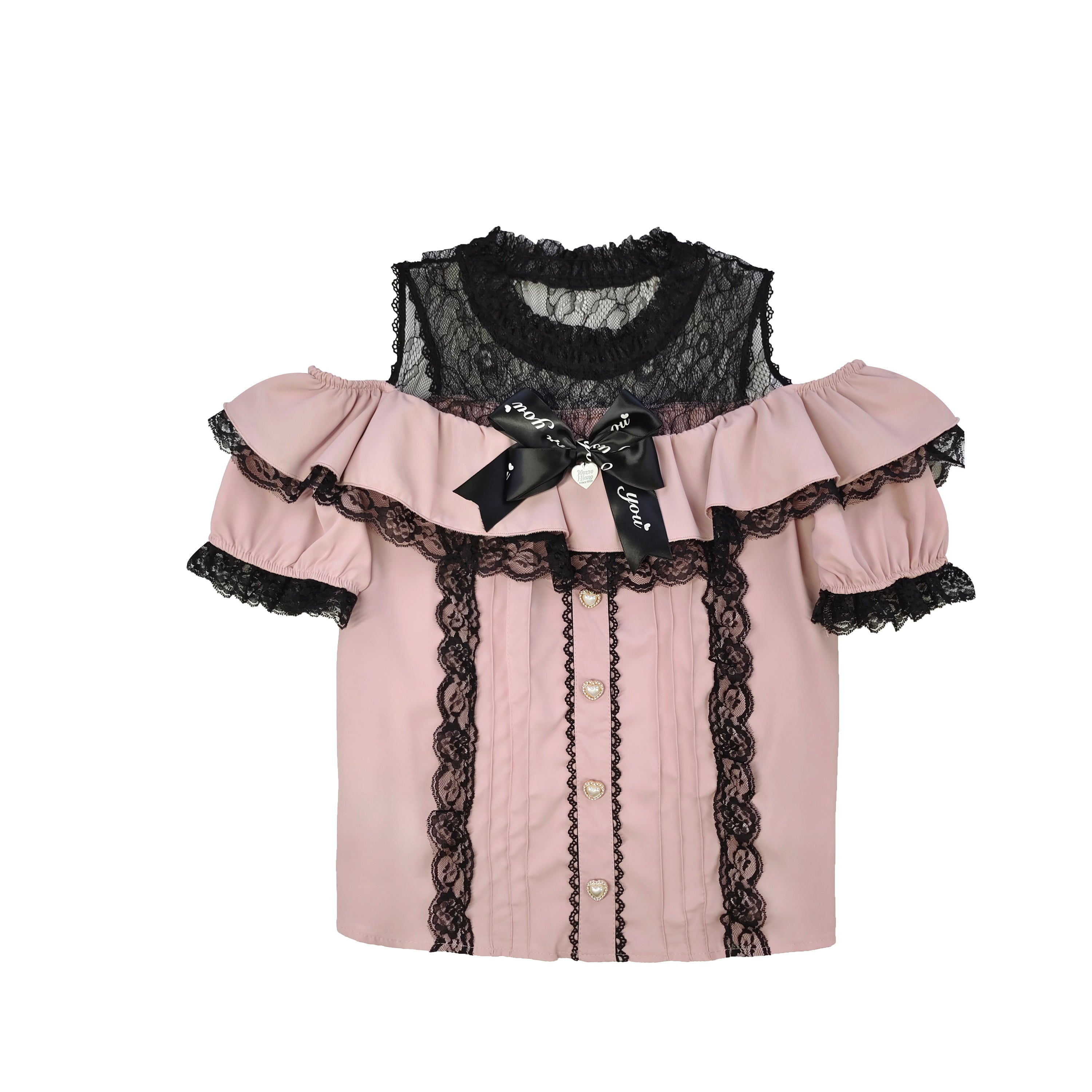Pink and black lace Lolita off-shoulder blouse with heart buttons and satin bow sweet gothic blouse harajuku fashion Victorian top